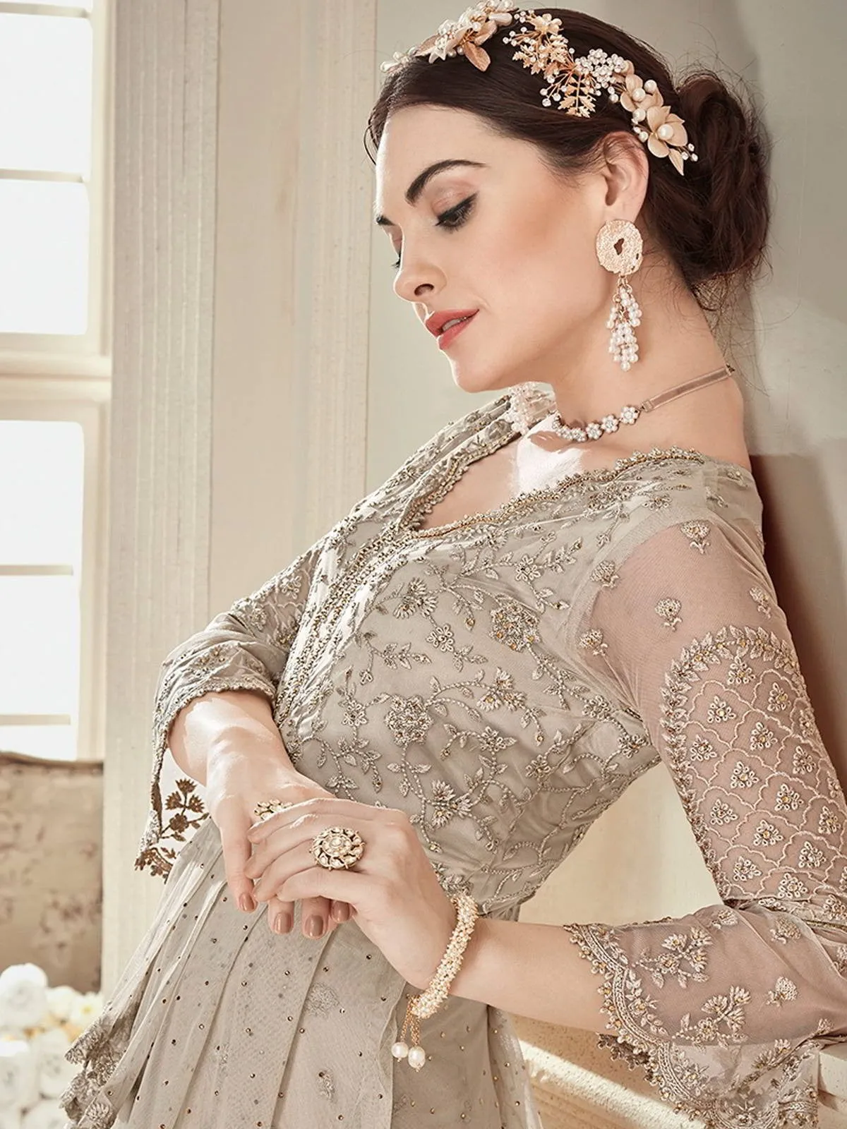Beige Golden Embroidered Peplum Style Anarkali Gown