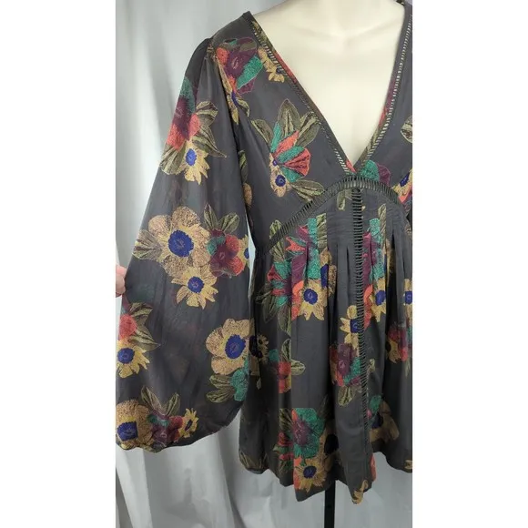 FREE PEOPLE Brown Mini Dress Floral Balloon Sleeve Boho Bohemian Festival XS