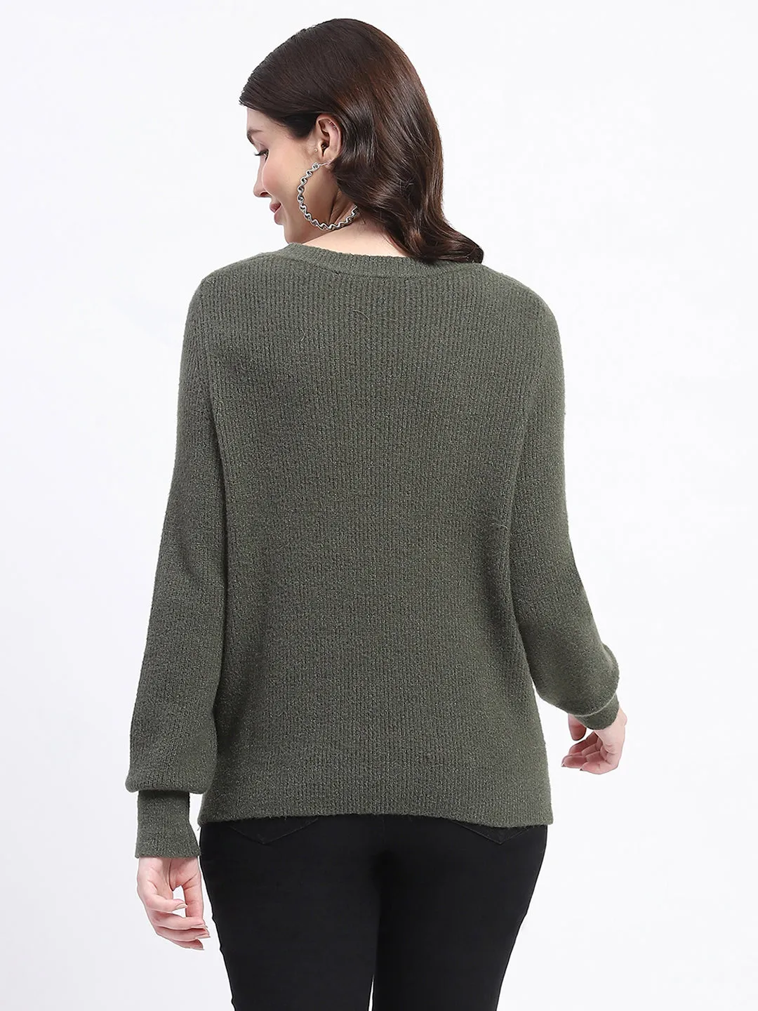 Madame Button Detailed Solid Olive Knitted Sweater