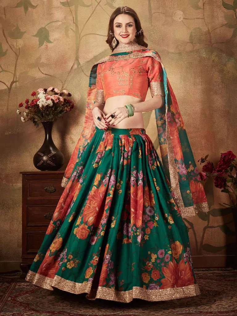 Orange And Green Designer Lehenga Choli