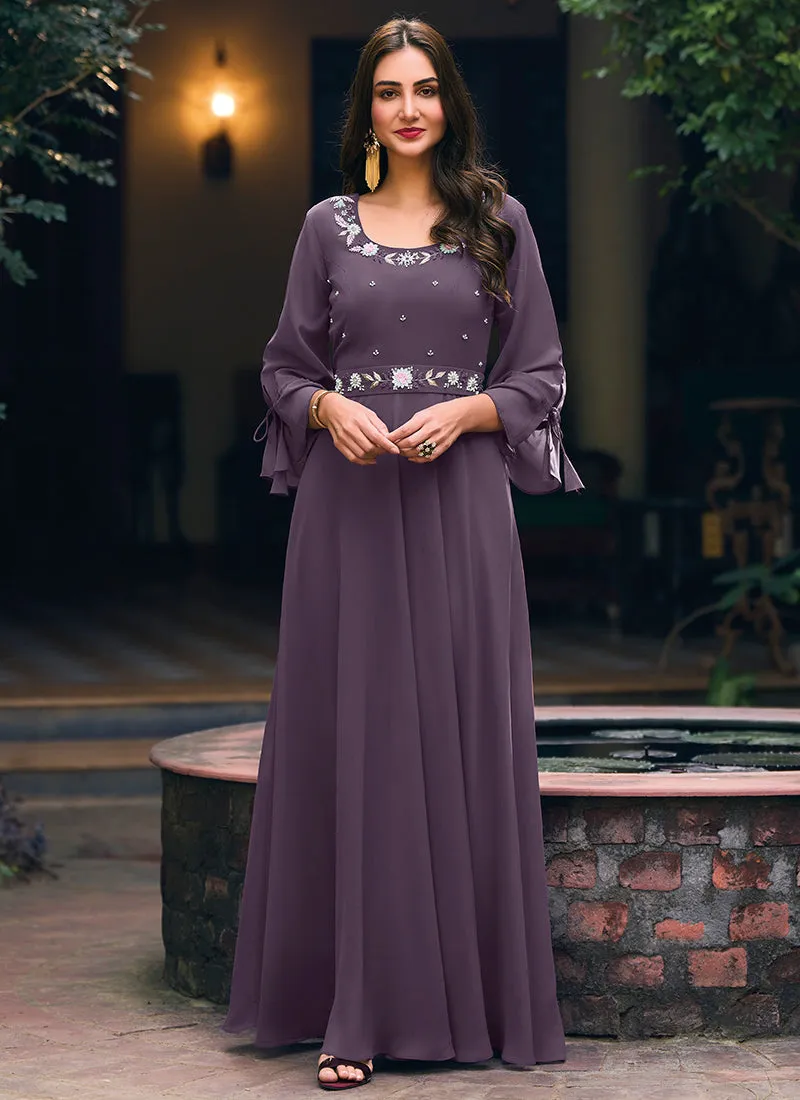Purple Minimalist Embroidery Flared Gown With Belt