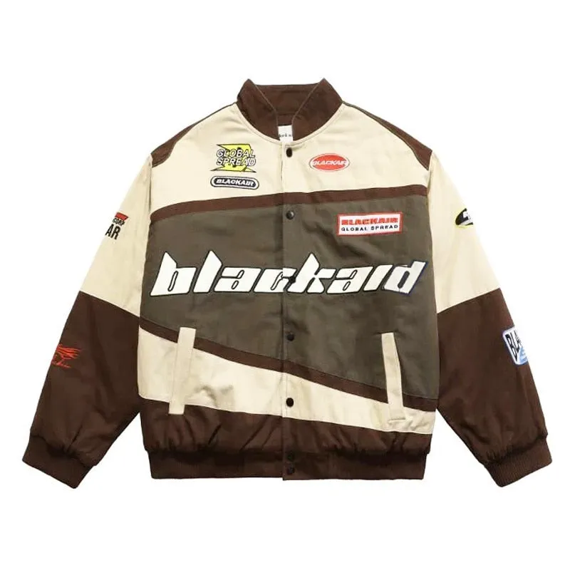 "BLACKAID" Veste Bombers Moto Brodé Bleu Streetwear - URB1™