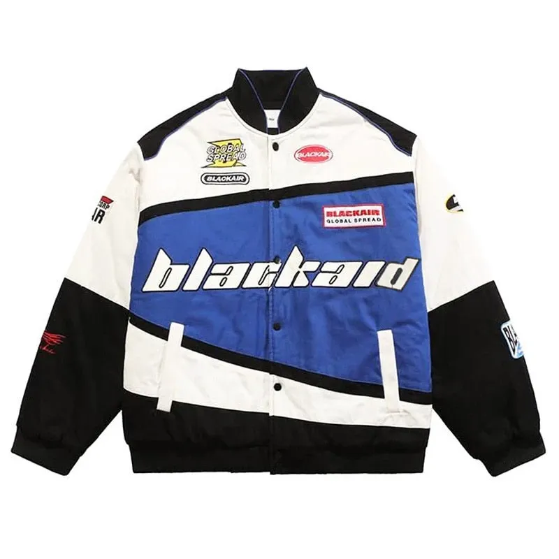 "BLACKAID" Veste Bombers Moto Brodé Bleu Streetwear - URB1™