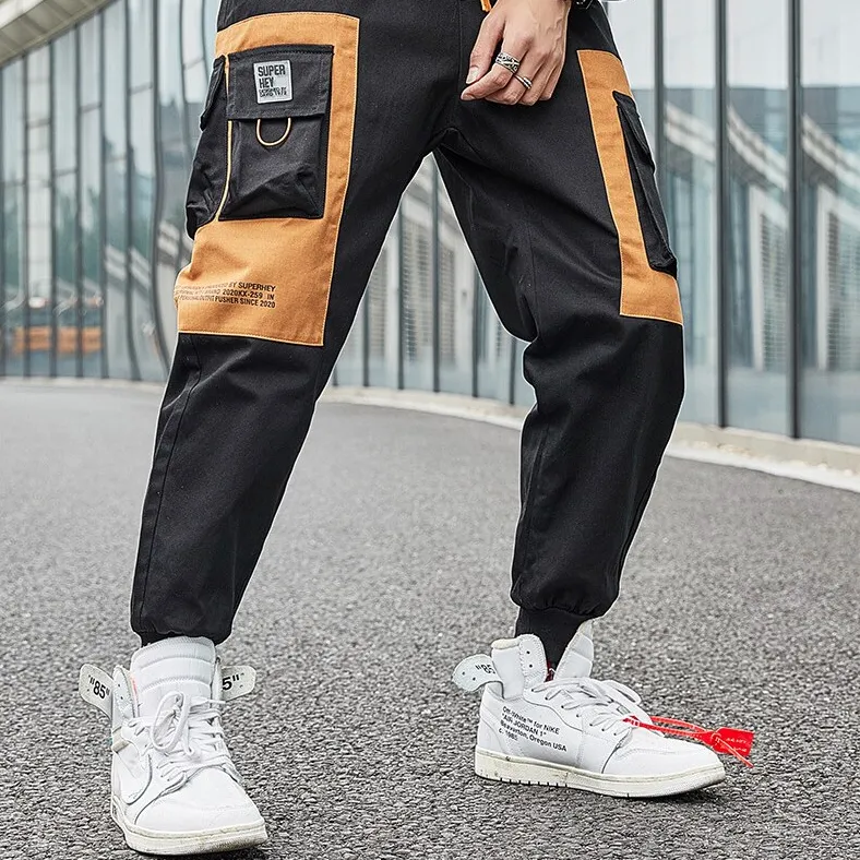 "SUPERHEY" Pantalon Cargo Noir Gris Streetwear - URB1™