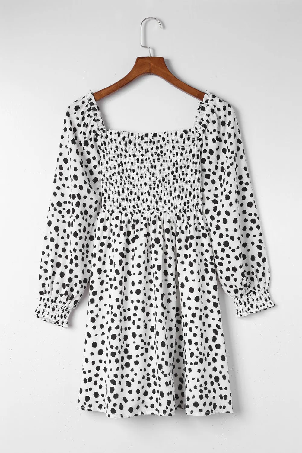 Square Neck Smocked Spotted Print Short Dress
