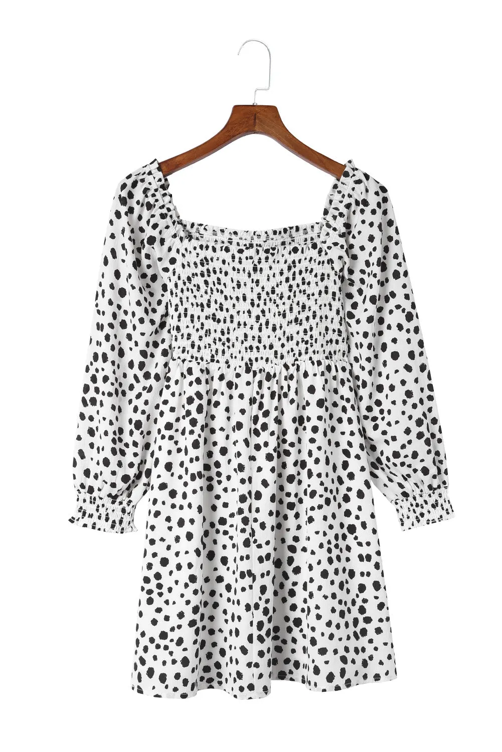 Square Neck Smocked Spotted Print Short Dress