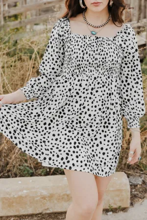 Square Neck Smocked Spotted Print Short Dress